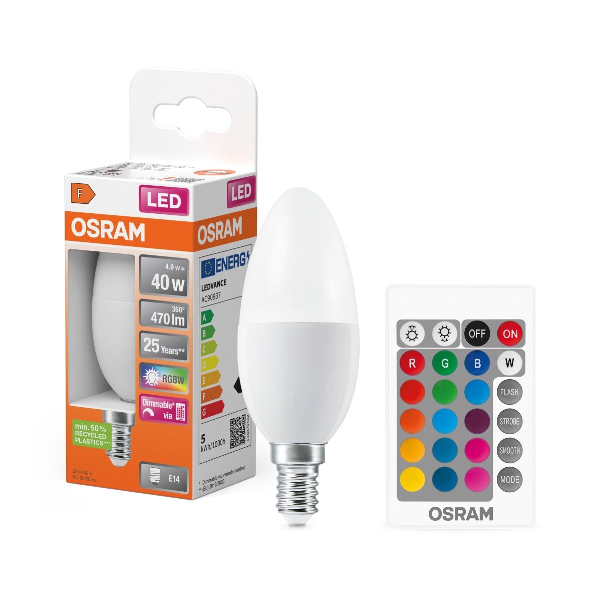 Żarówka LED OSRAM LED Superstar Classic B 40 RGBW Remote Control 4.9W 827 Frosted E14 ciepła - Poland LEDVANCE e - shop 4058075430853