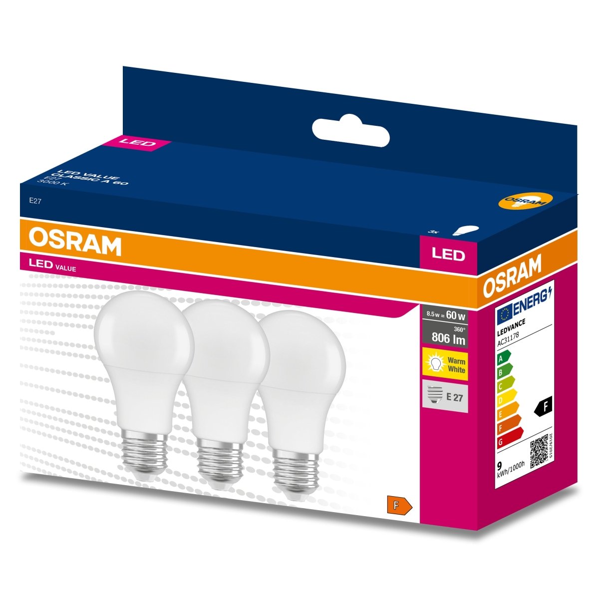 Żarówka LED OSRAM LED VALUE CLAS A 60 8 W/3000 K E27 3pak - Poland LEDVANCE e - shop 4058075629004