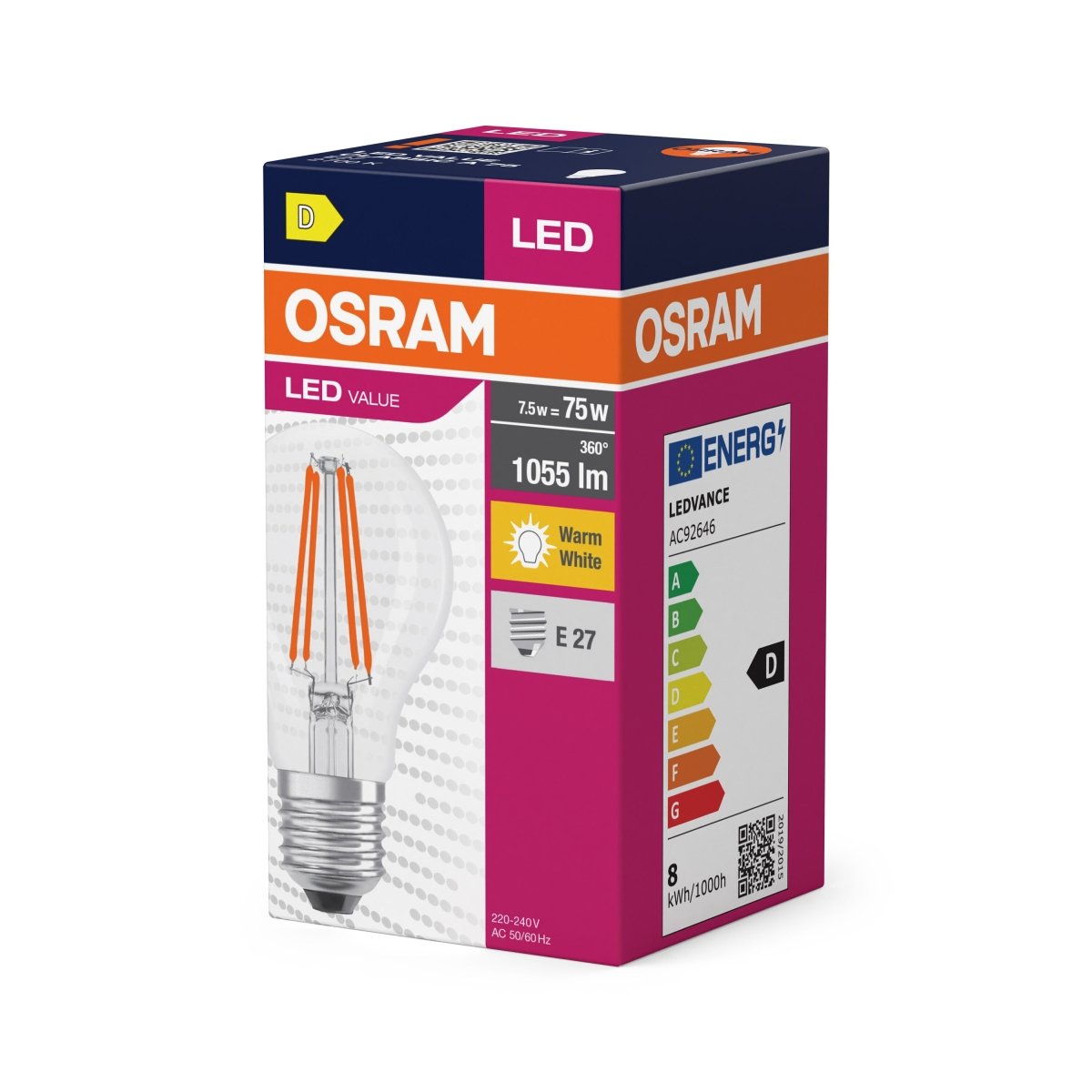 Żarówka LED OSRAM LED Value Classic A 75 Filament 7.5W 827 Clear E27 - Poland LEDVANCE e - shop 4058075288669