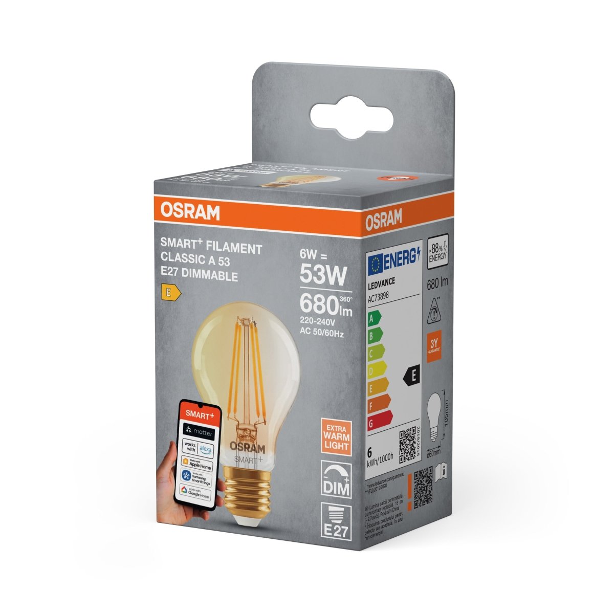 Żarówka LED OSRAM SMART+ MATTER Filament Dimmable Classic A53 6W 824 Gold E27 - Poland LEDVANCE e - shop 4099854529948