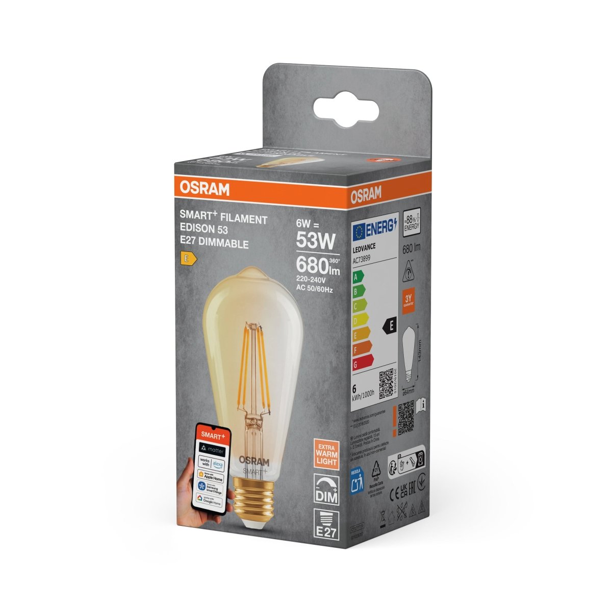 Żarówka LED OSRAM SMART+ MATTER Filament Dimmable Classic Edison 53 6W 824 Gold E27 - Poland LEDVANCE e - shop 4099854530104
