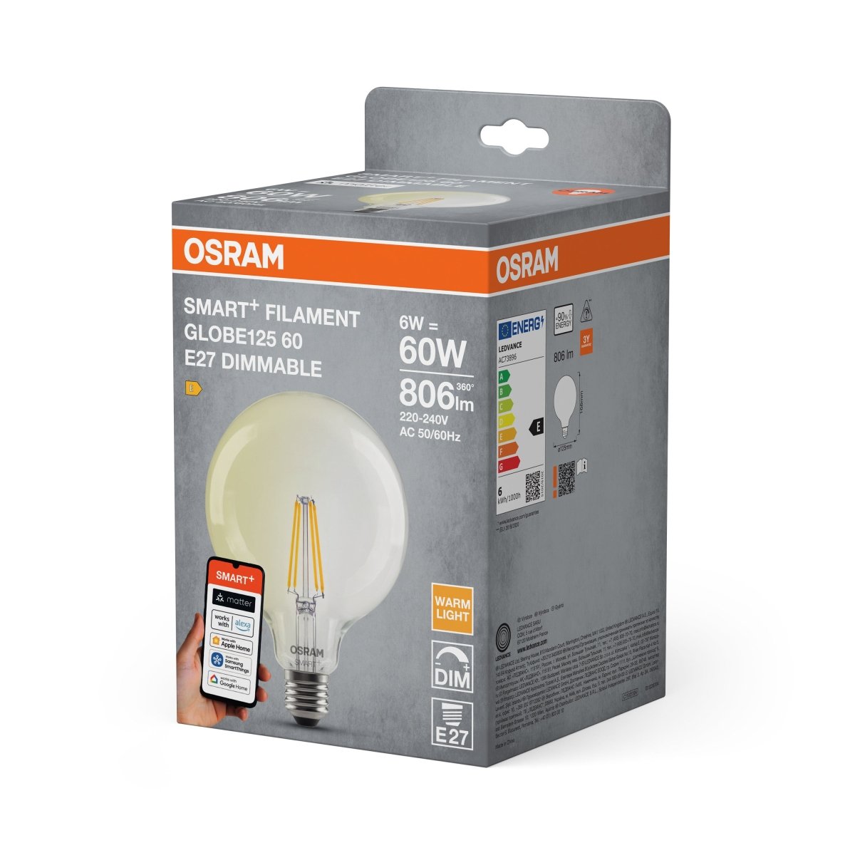 Żarówka LED OSRAM SMART+ MATTER Filament Dimmable Classic Globe 6W 827 E27 - Poland LEDVANCE e - shop 4099854529900