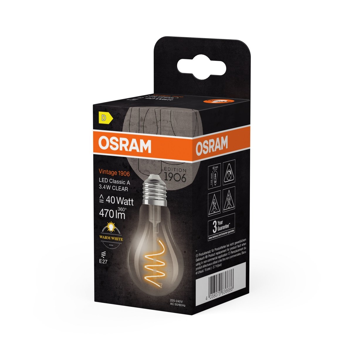 Żarówka LED OSRAM Vintage 1906 Classic A 40 Spiral Filament 3.4W 827 Clear E27 - Poland LEDVANCE e - shop 4058075836686