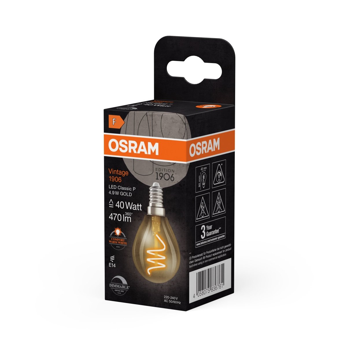 Żarówka LED OSRAM Vintage 1906 Classic P 40 Spiral Filament DIM 4.9W 922 Gold E14 - Poland LEDVANCE e - shop 4058075836761