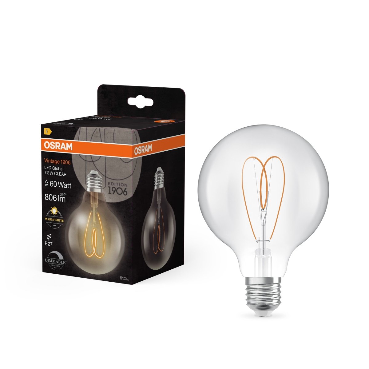 Żarówka LED OSRAM Vintage 1906 Globe 95 60 Heart Filament DIM 7.2W 927 Clear E27 - Poland LEDVANCE e - shop 4058075836907