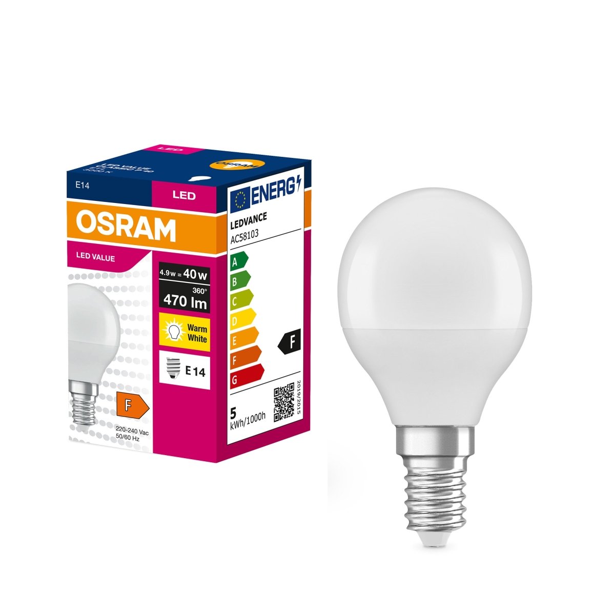 Żarówka LED P45 Kulka E14 4.9W = 40W 470lm 3000K Ciepła 200° VALUE CLASSIC - Poland LEDVANCE e - shop 4058075630376