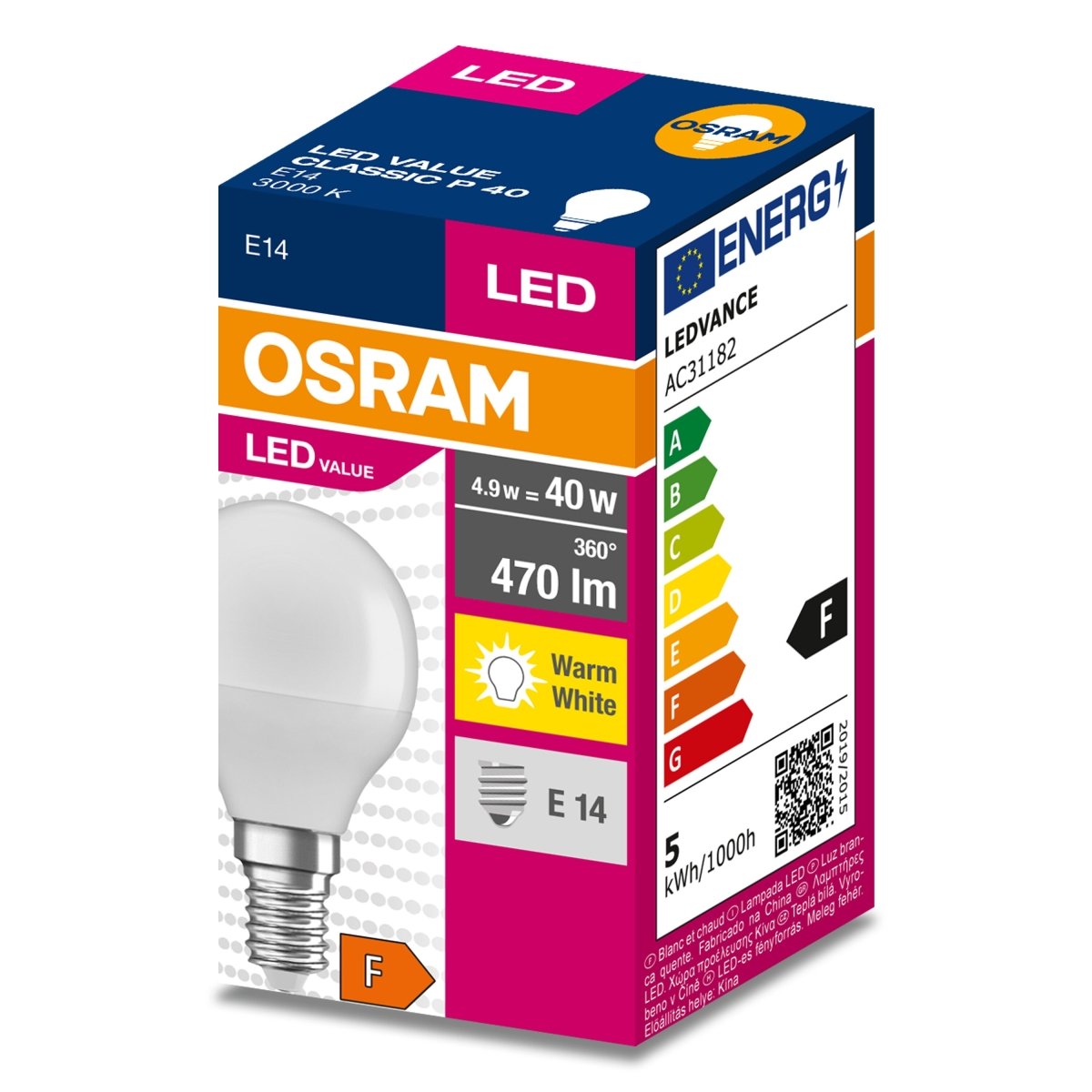 Żarówka LED P45 Kulka E14 4.9W = 40W 470lm 3000K Ciepła 200° VALUE CLASSIC - Poland LEDVANCE e - shop 4058075630376