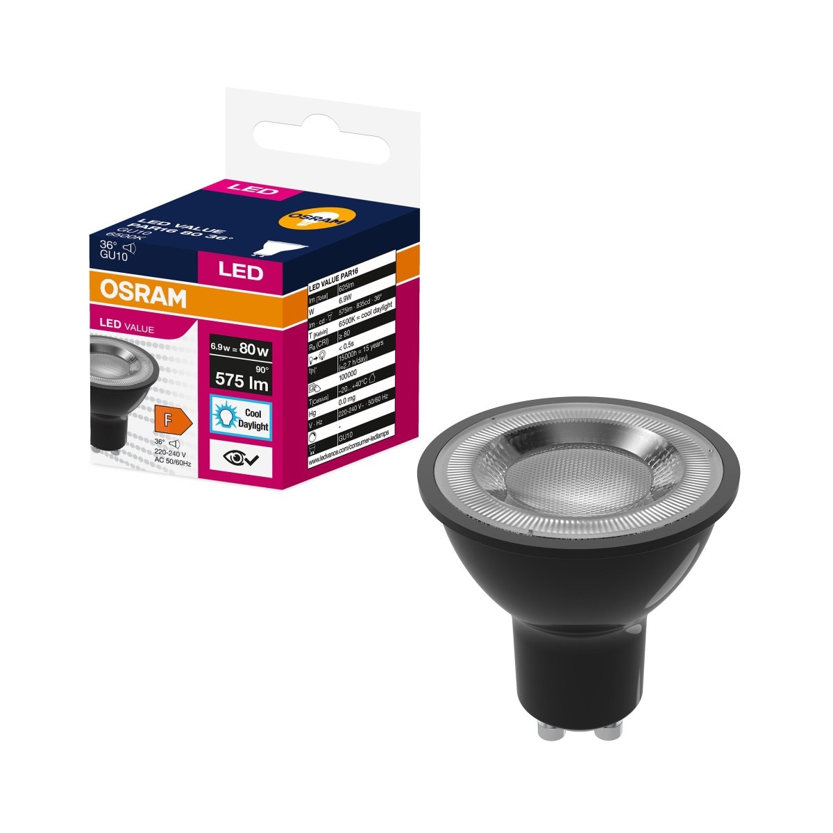 Żarówka LED PAR16 GU10 6,9W 36° czarna 6500K zimna - Poland LEDVANCE e-shop 4058075766570