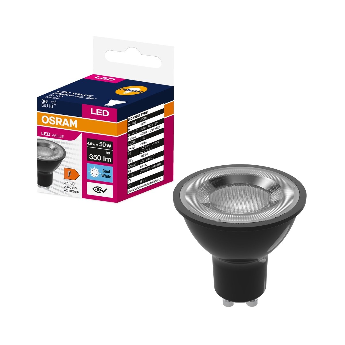 Żarówka LED PAR16 Reflektor GU10 4.5W = 50W 350lm 4000K 36° Czarna - Poland LEDVANCE e-shop 4058075766365