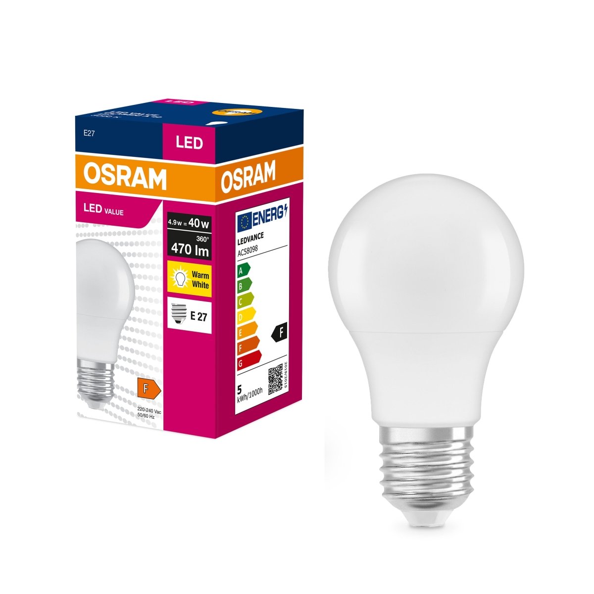 ŻARÓWKA LED VALUE CLA40 4.9W 3000K ciepła biała 470LM 230V FR E27 - Poland LEDVANCE e - shop 4058075628823