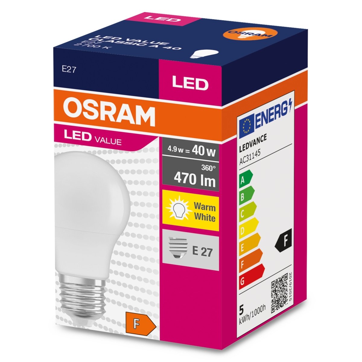Żarówka LED CLA E27 4,9W LED VALUE OSRAM matowa, odpowiednik 40W, barwa ciepła, 1 szt. - eshop LEDVANCE 4052899326927