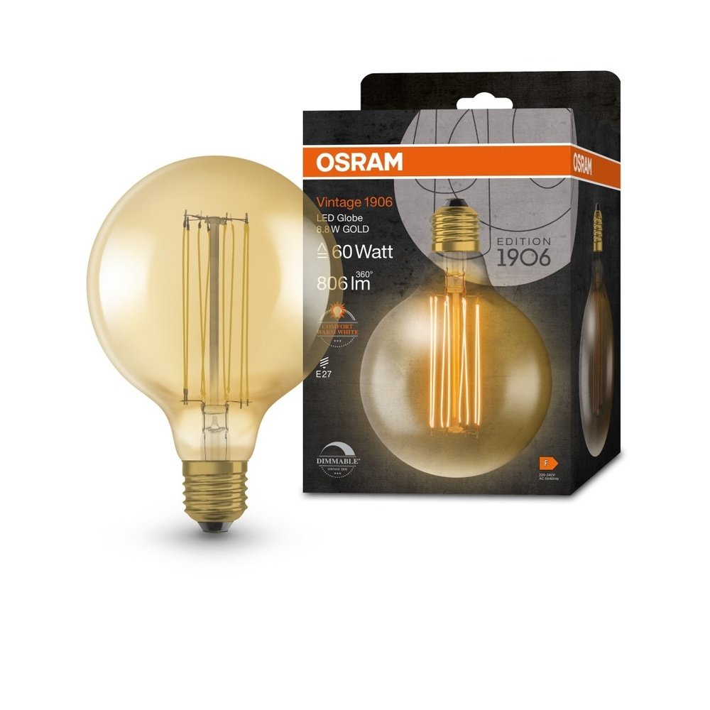 Żarówka LED E27 8,8W Vintage 1906 LED CLASSIC SLIM FILAMENT Globe 60 GOLD, ściemnialna, barwa ciepła. - eshop Ledvance PL 4058075761810