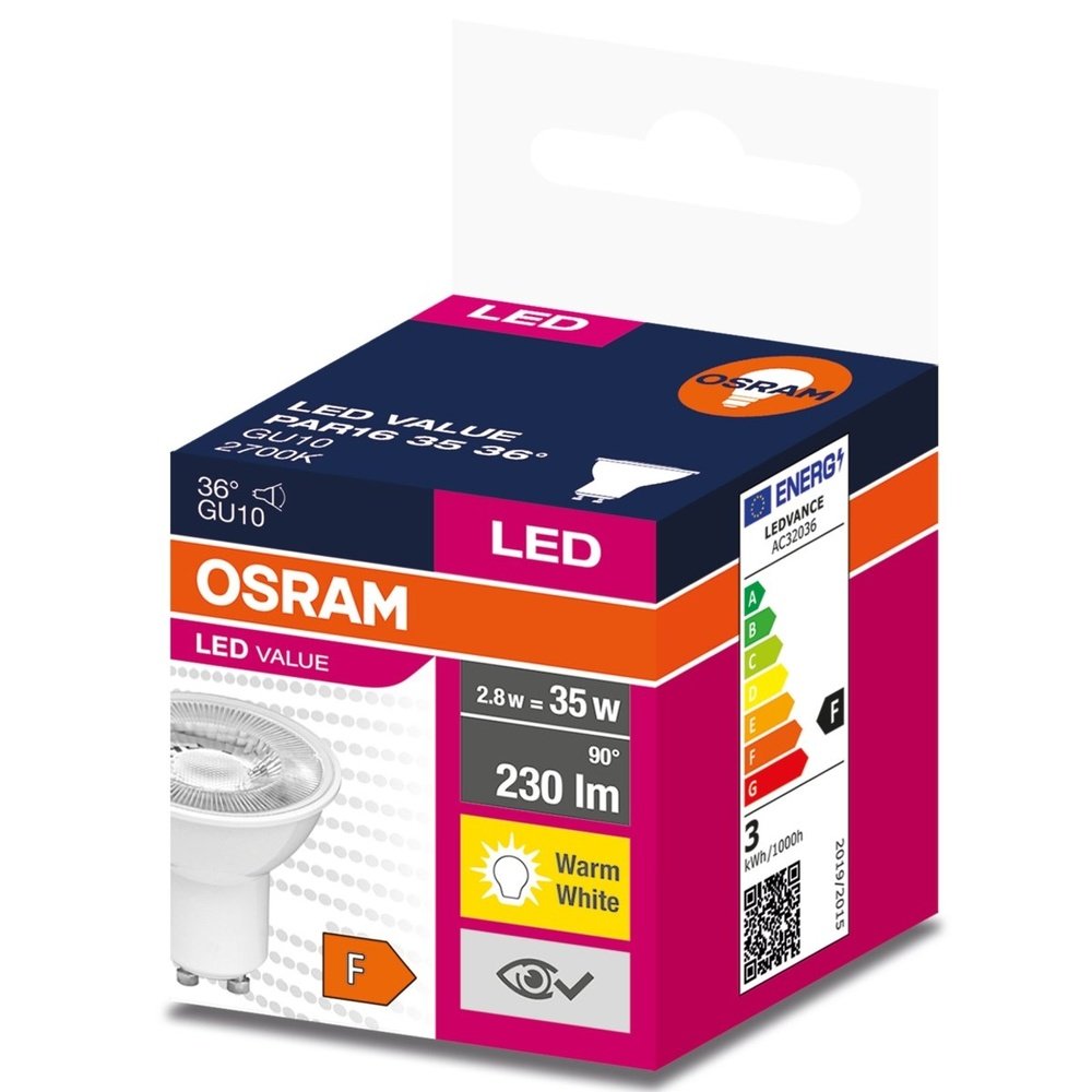 Żarówka LED GU10 2,8W LED VALUE OSRAM, odpowiednik 35W, 36 st., barwa ciepła, 1 szt. - eshop LEDVANCE 4058075198555