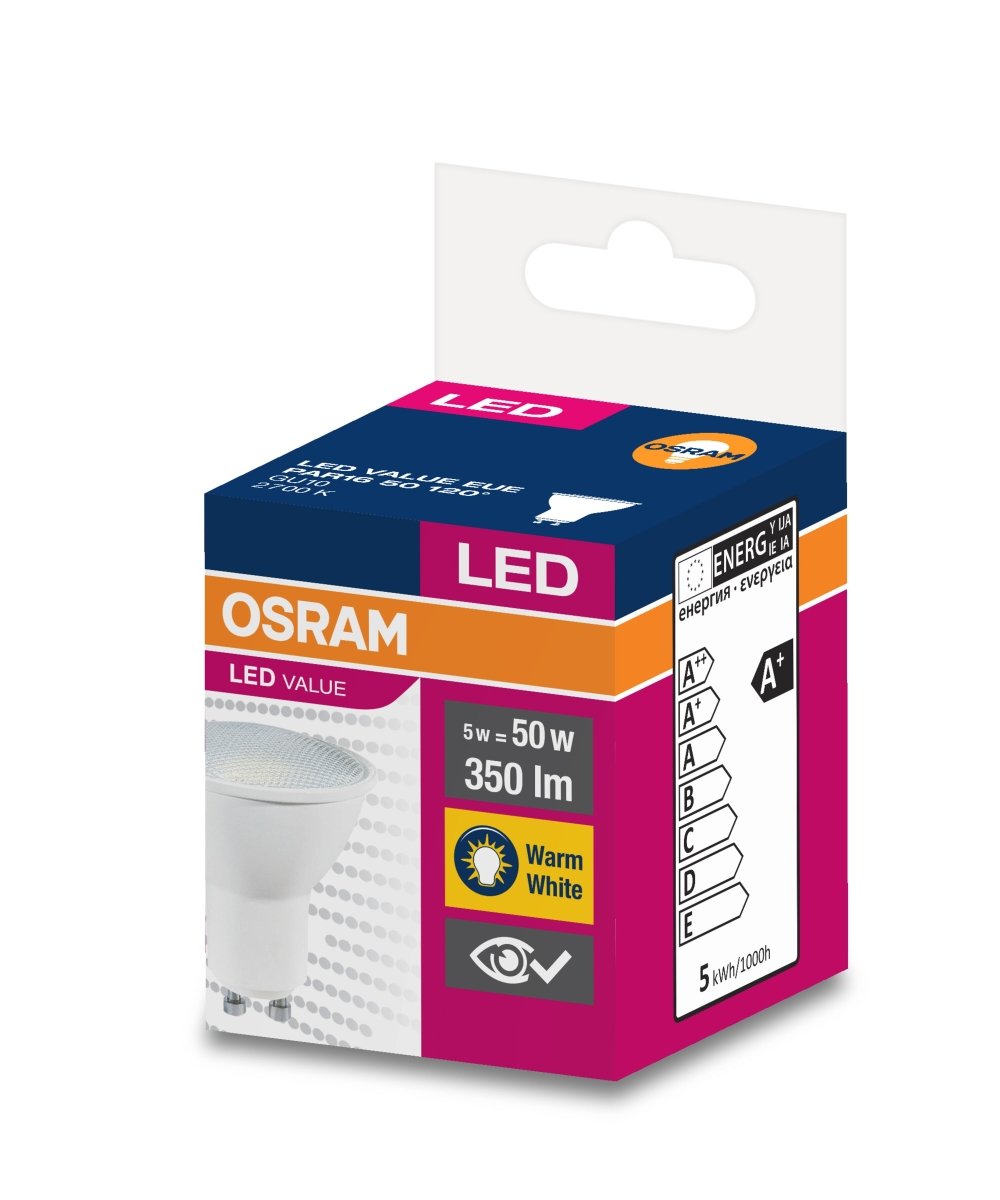 Żarówka LED GU10 4,5W LED VALUE OSRAM, odpowiednik 50W, 120 st., barwa ciepła, 1 szt. - eshop LEDVANCE 4058075198678